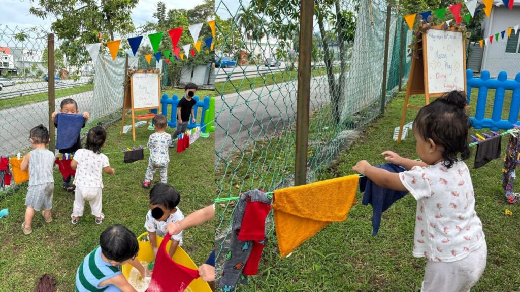 Comel habis! Budak tadika basuh dan sidai baju, netizen terhibur